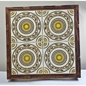 Mexican Hand Carved Wood & Tile Retro Trivet Yellow Brown White‎